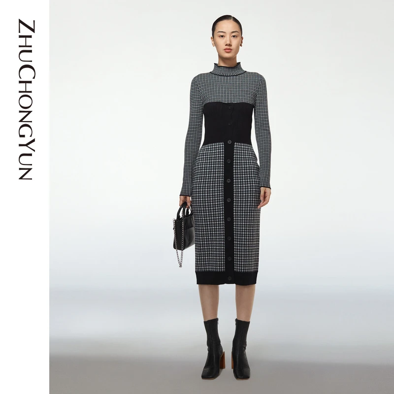 【达人专享】ZHUCHONGYUN休闲千鸟格撞料收腰羊毛半身裙