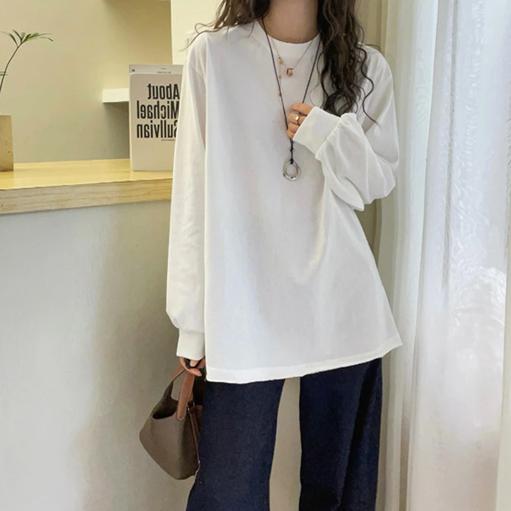 春秋纯色宽松中长款圆领简约白色小众卷边设计打底衫纯棉休闲T恤