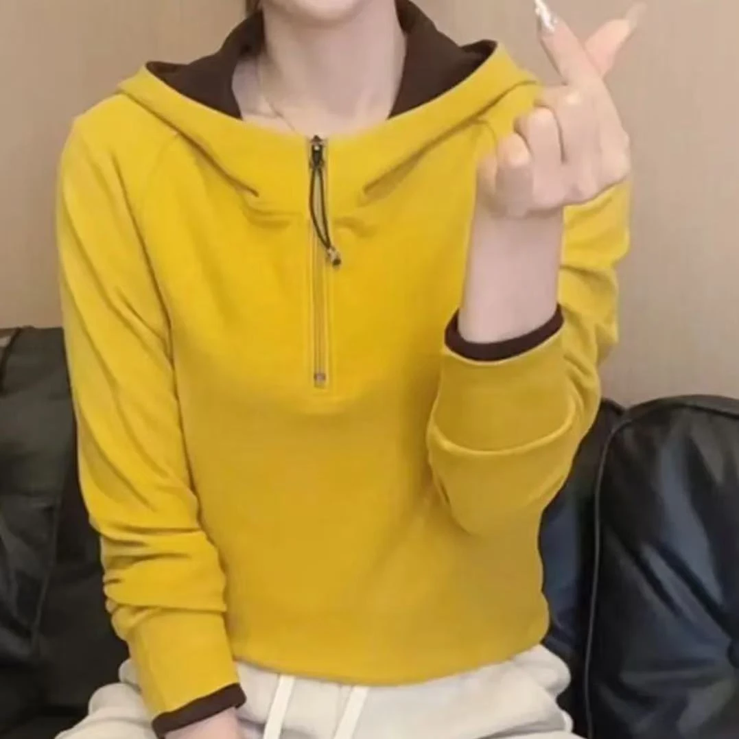 2024时尚洋气双面绒拉链连帽拼接卫衣冬季新款保暖精致休闲减龄