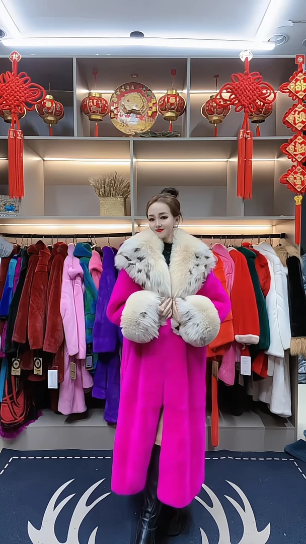 貂皮大衣女整貂长款过膝狐狸毛领时尚大气天鹅绒水貂皮草海宁