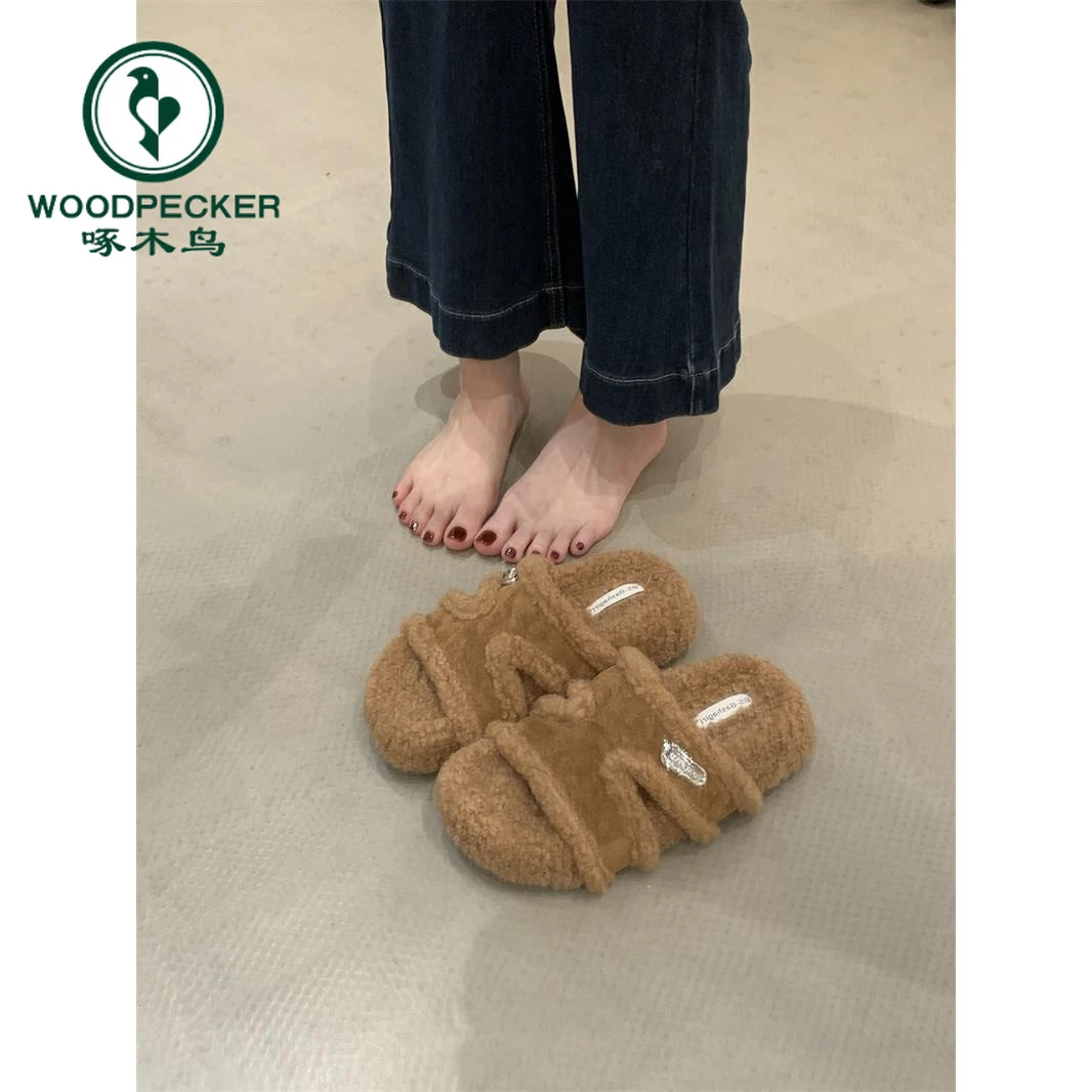 啄木鸟2025秋冬新款厚底增高一字毛毛拖鞋女外穿百搭休闲毛毛鞋女