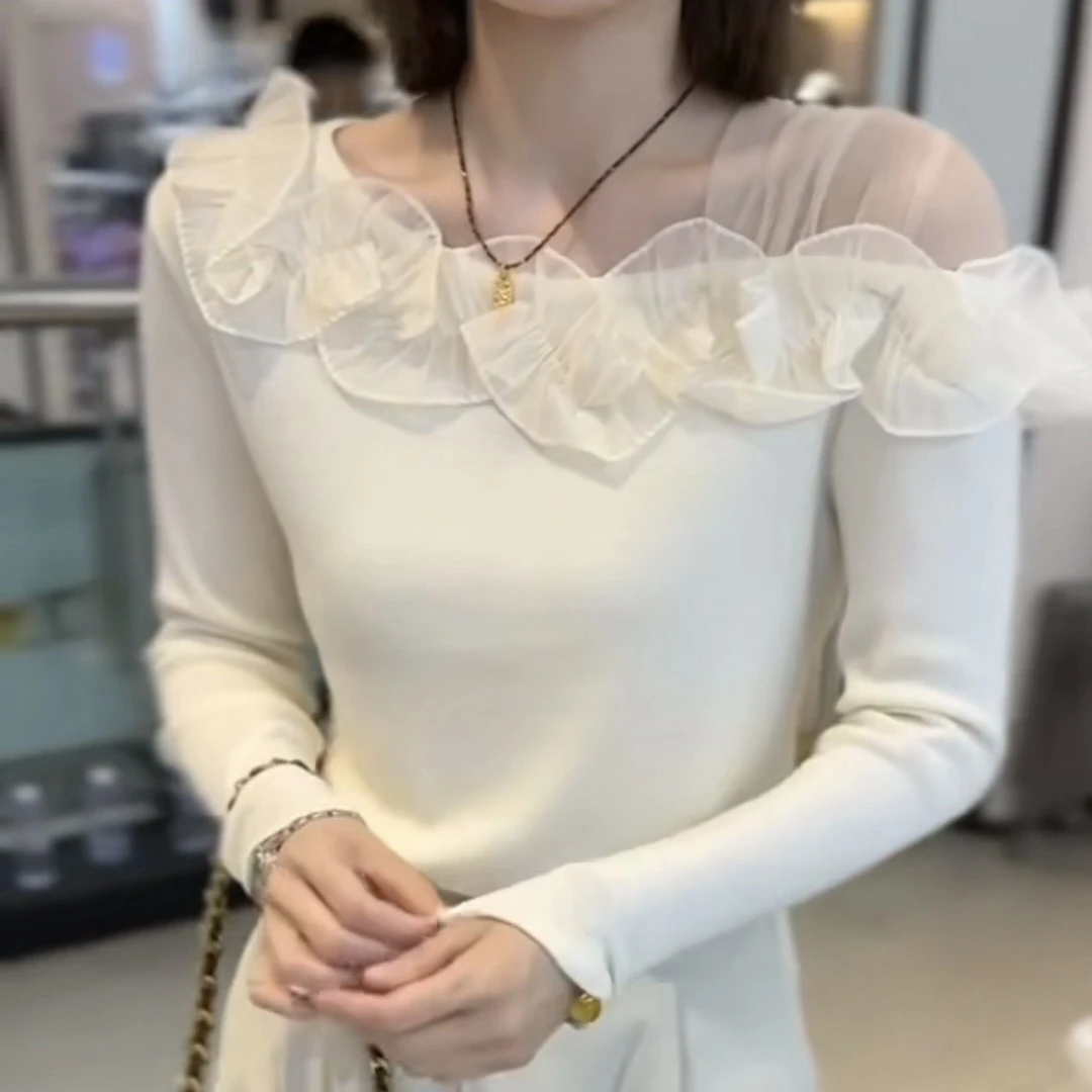 慵懒风春季针织拼接毛针织衫秋季长袖蕾丝秋冬显瘦