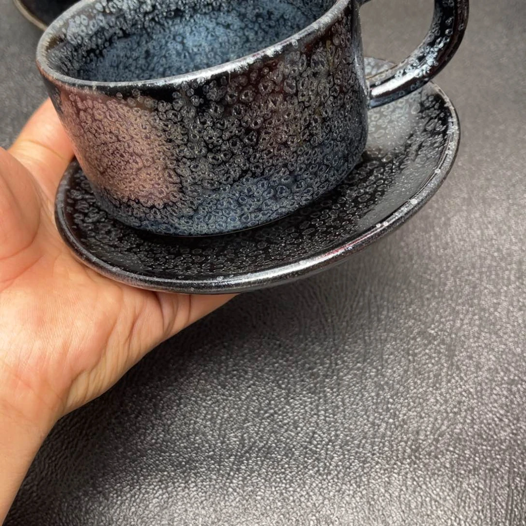 茶盏咖啡杯二件套 天眼黑底雪花油滴
