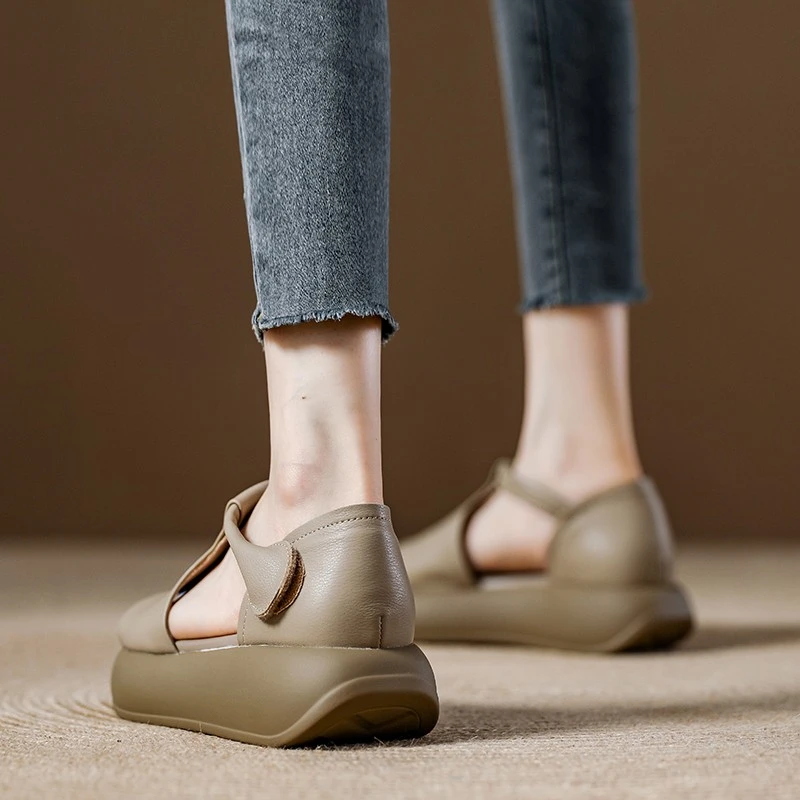 品质鱼嘴凉鞋女厚底休闲包跟沙滩鞋2025夏季新款牛皮复古罗马凉鞋