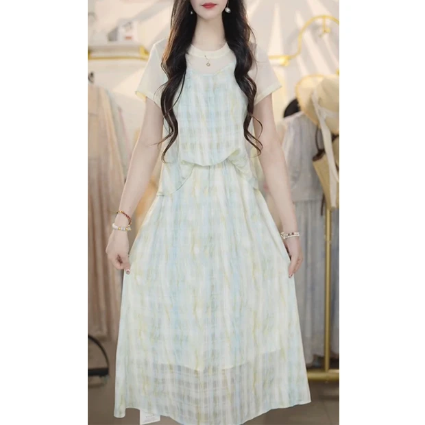 L5312时尚拼接假两件显瘦A字裙子女2025夏季新款短袖中长款连衣裙