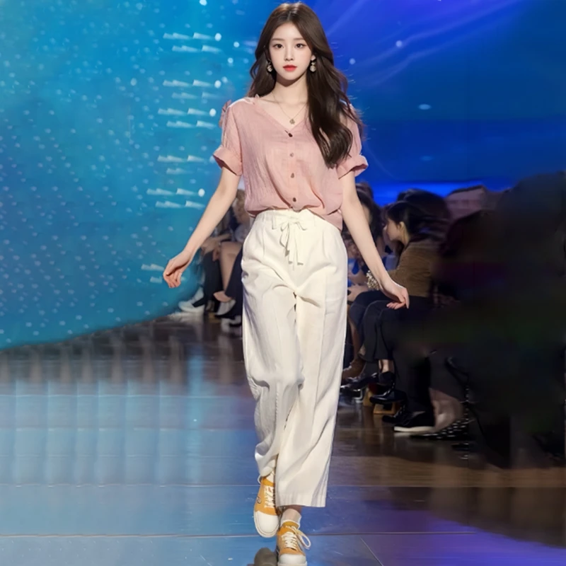 2025夏搭配一整套时尚气质冷淡风轻熟短袖阔腿长裤子套装女