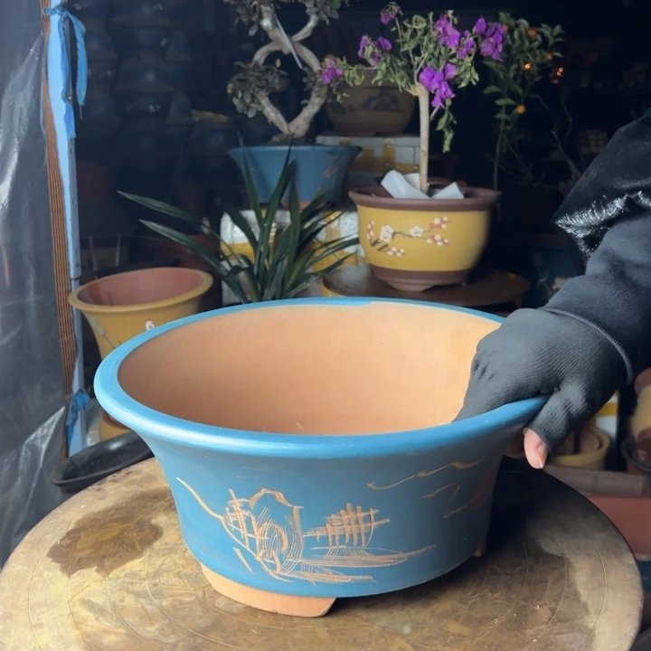 紫砂33蓝色票口山水花盆