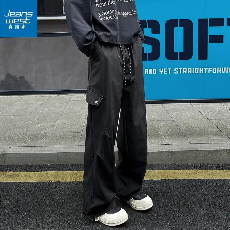 Jeanswest/真维斯潮牌秋季新款宽松直筒冲锋裤抽绳阔腿裤裤子