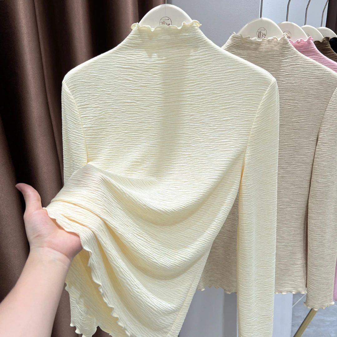 木耳边半高领设计纯色T恤女秋冬新款长袖修身上衣纹理感打底小衫