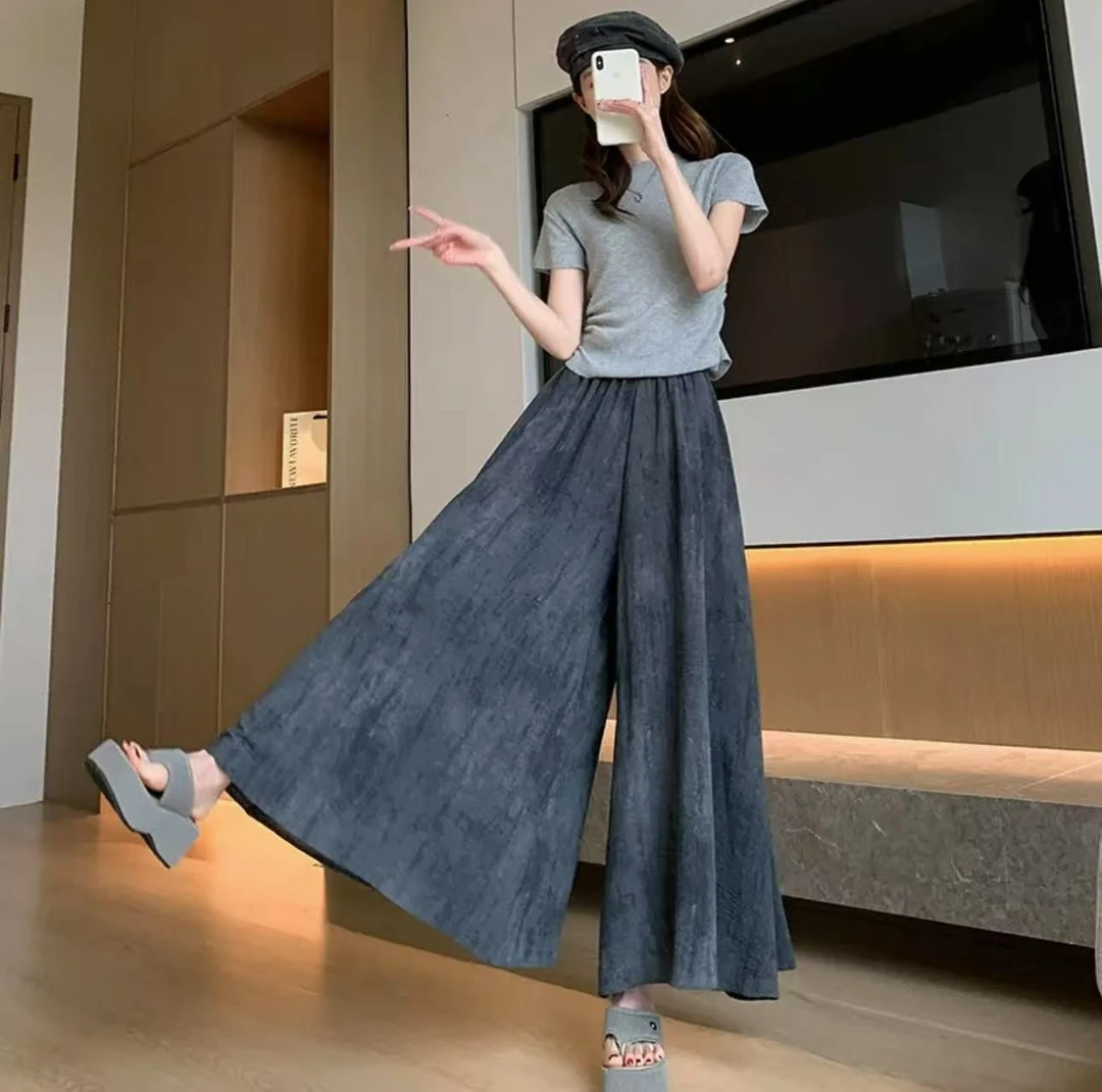 【现货+运补5-8】2025爆款气质扎染冰丝裙裤女薄款百搭宽松八分阔腿