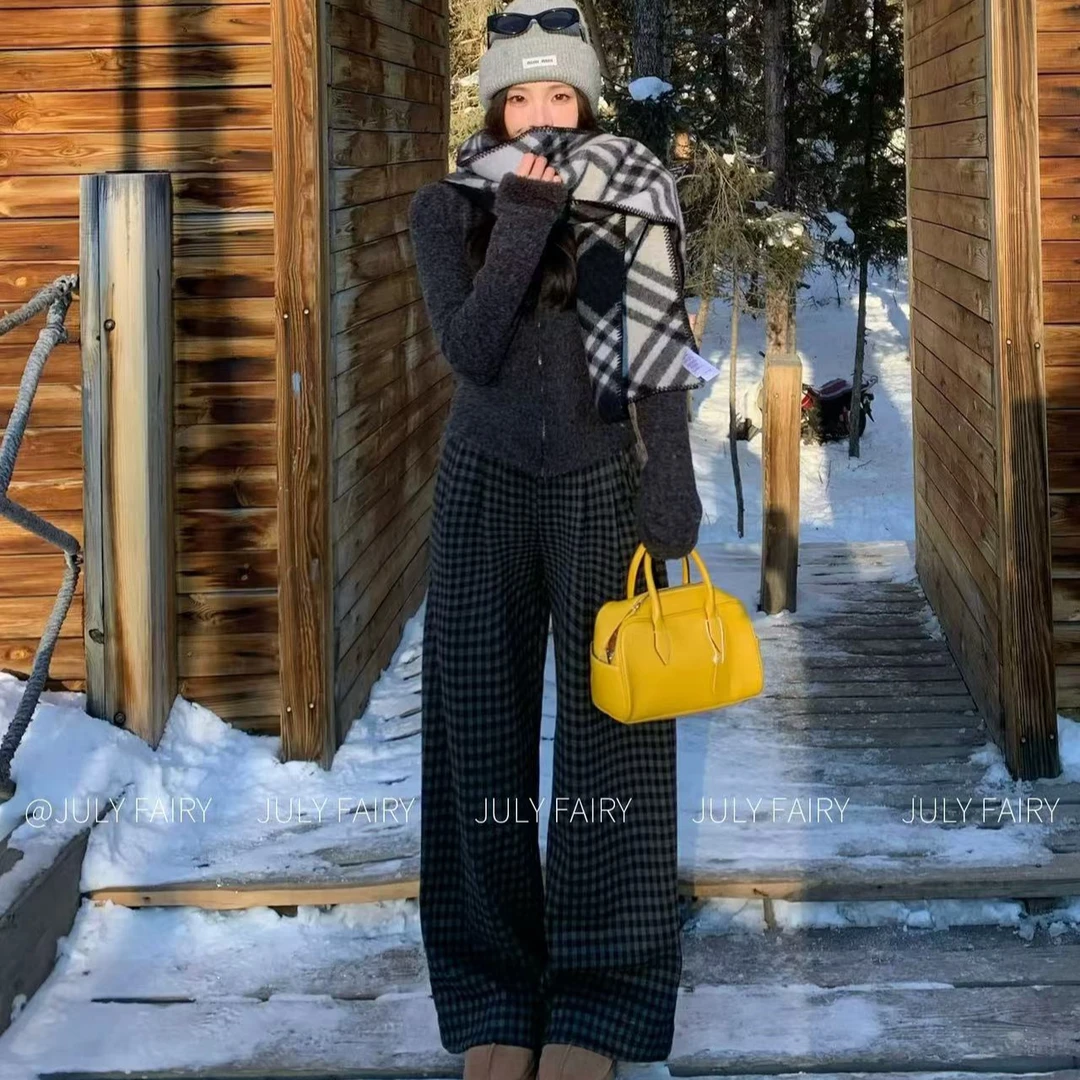 【特绒/600G毛呢格子裤】冬季新品抗寒羊毛呢子百搭黑灰格子休闲裤