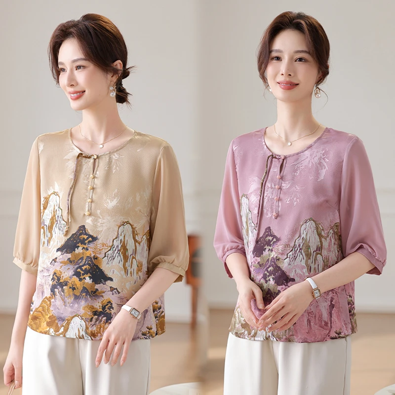 中年女装中式上衣中袖小衫女中老年妈妈2025新款夏季国风短袖T恤