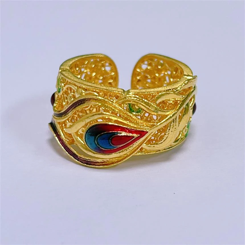 福满圆珠宝3 足金999投资金 古法鎏彩凤羽如意花丝戒指