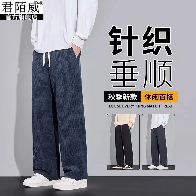 秋冬针织垂感格纹百搭裤男士2025新款舒适阔腿直筒宽松裤男裤子