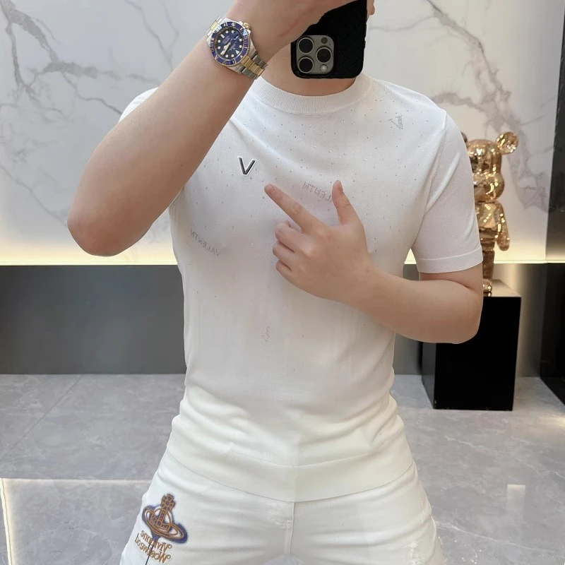 2025欧货轻奢男士针织冰丝短袖T恤烫钻时尚百搭夏季半袖上衣潮035
