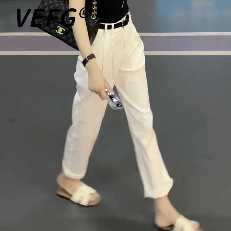 VEFG湿湿白色休闲裤女2025年夏季新款大码高腰弹力显瘦九分直筒哈