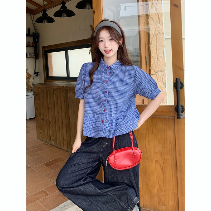 LUMINA丨娃娃衫格纹撞色纽扣设计短袖泡泡袖衬衫学院风百搭正肩