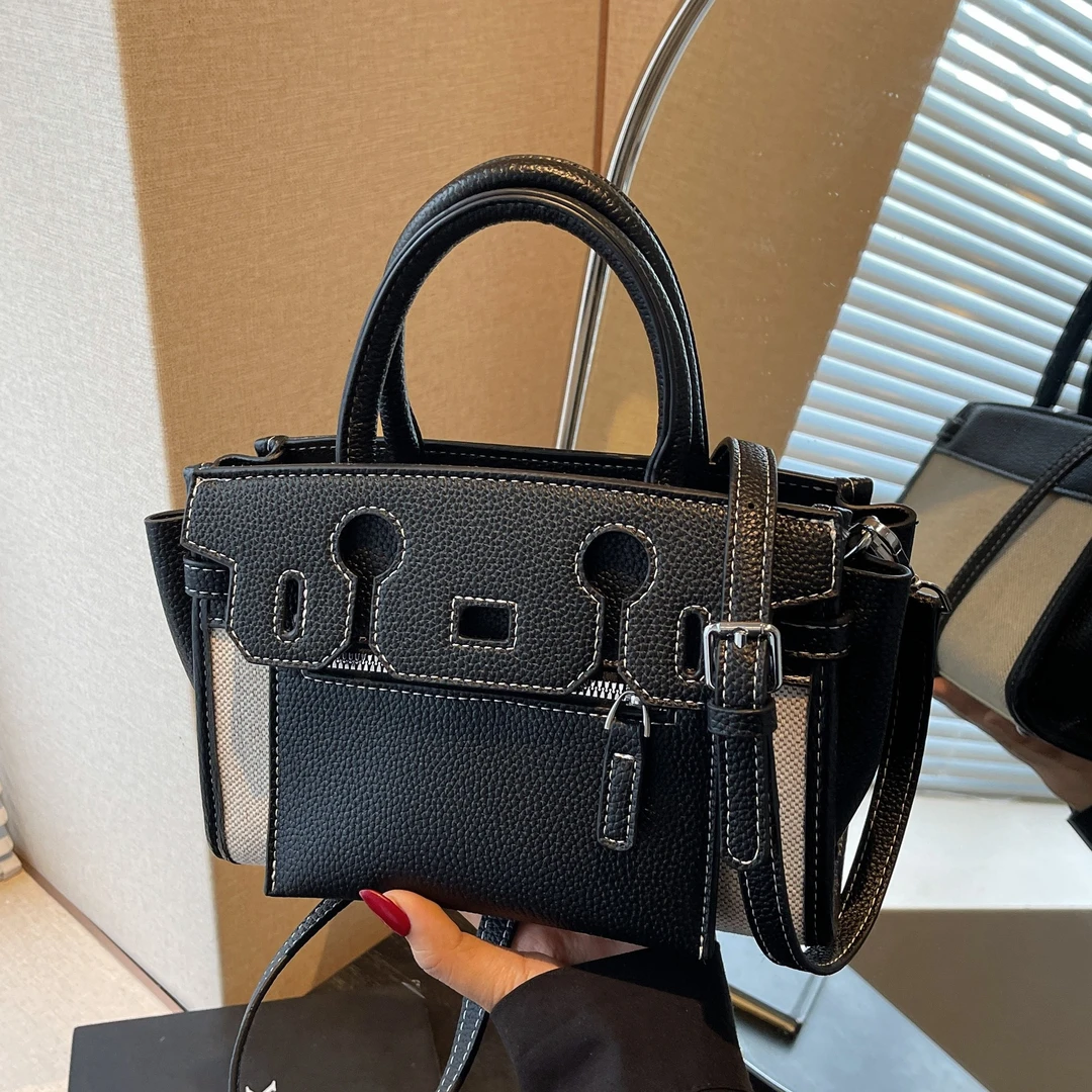 女包简约撞色包包女2025新款复古拼接大容量手提时尚气质网红同款