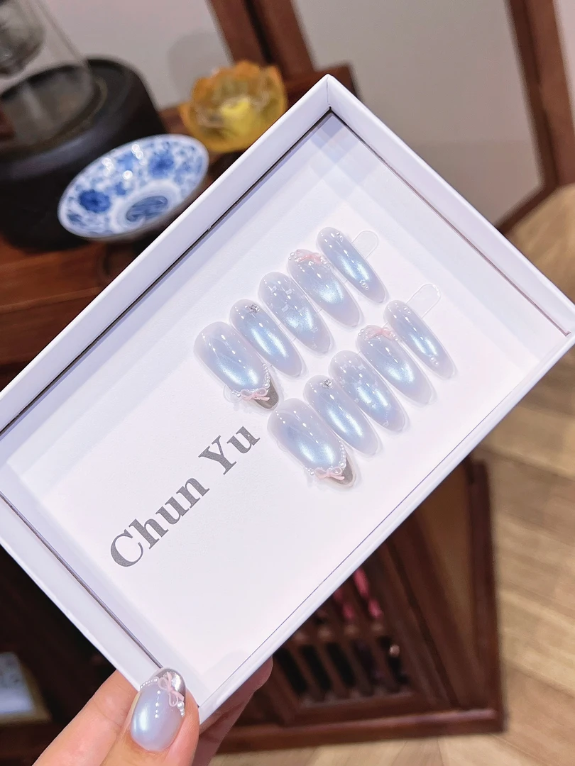 【蓝雾】椿雨玻璃珠蓝色猫眼 夏季新款纯手工穿戴甲