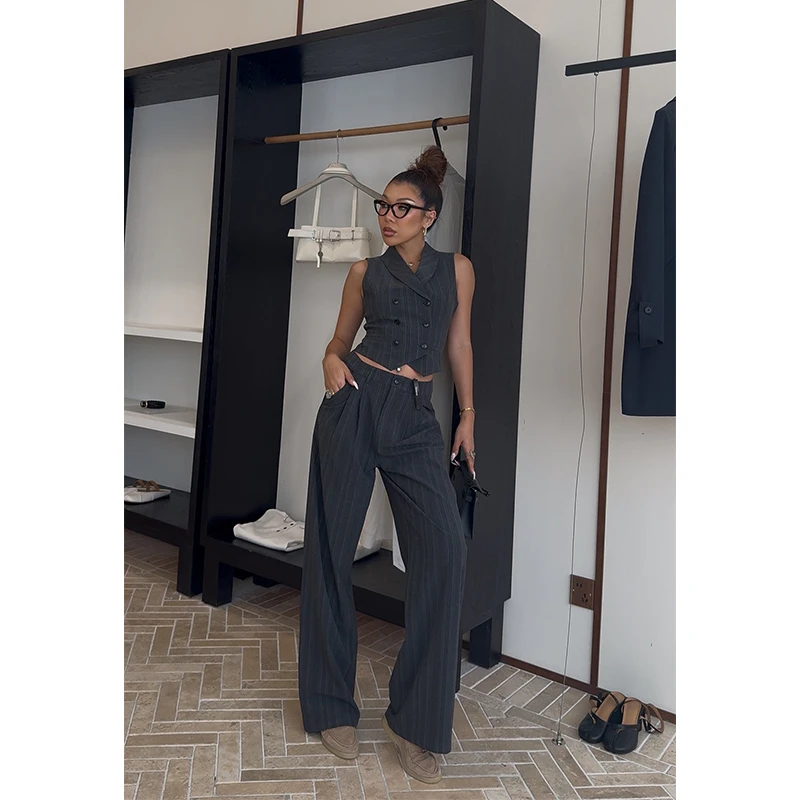 （小溪家）竖条纹西装马甲休闲直筒裤高腰显腿长显瘦裤子设计感