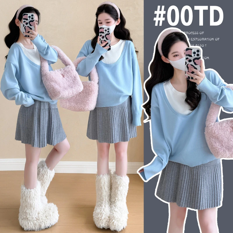 孕妇装秋装套装2025新款针织假两件孕妇长袖上衣秋季百褶孕妇短裙