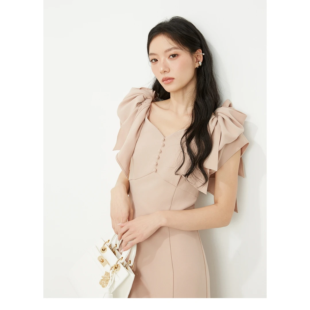 【强哥外贸】夏季新款 S 温柔风时尚V领蝴蝶结肩带显瘦收腰连衣裙