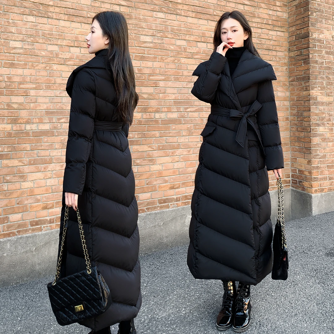 2025新款女装冬季修身收腰超长款羽绒服女黑色过膝白鸭绒外套翻领