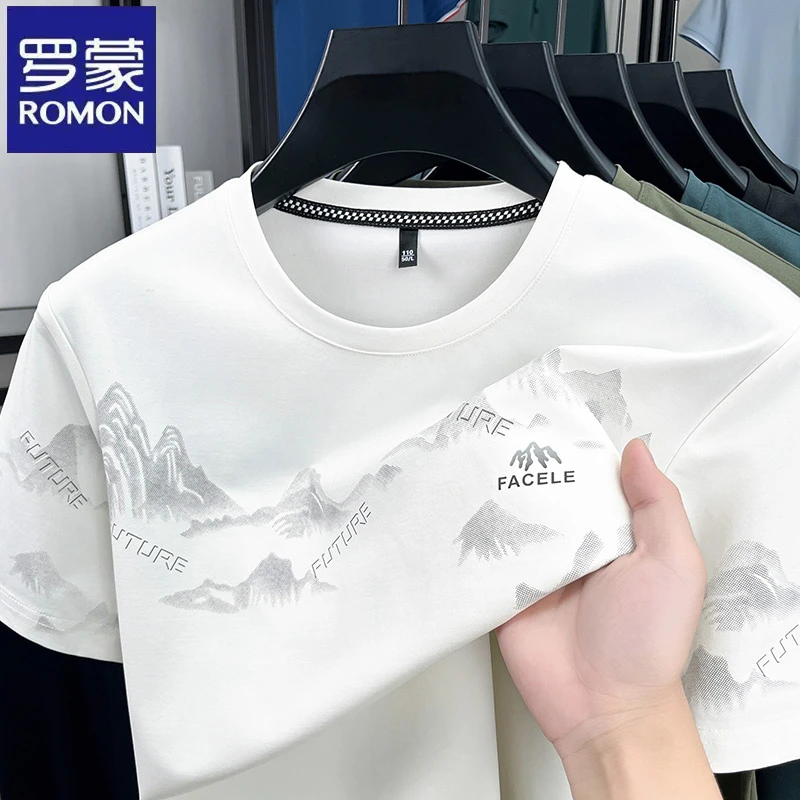 罗蒙中青年休闲印花圆领短袖t恤衫夏季日常百搭男士时尚白色上衣
