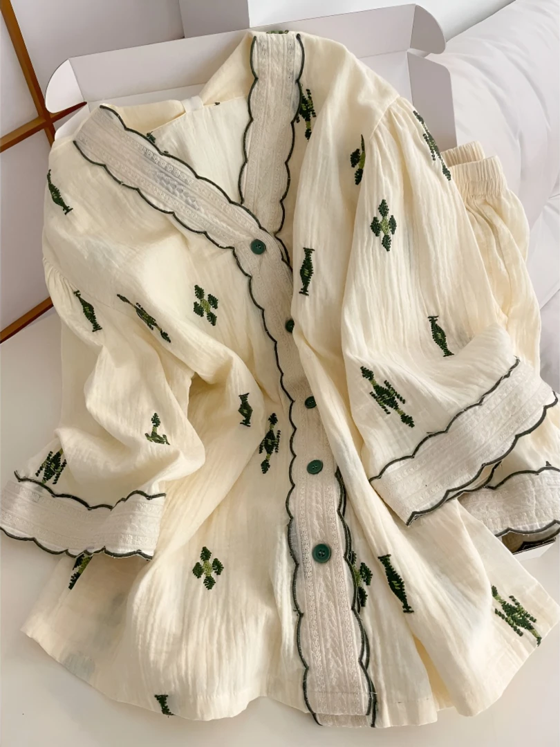 【新中式国风】双层棉纱睡衣女款爆款2025新款夏季休闲舒适时尚套装