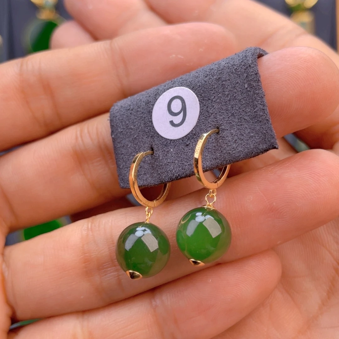 和田玉（碧玉）18K金镶嵌耳饰9