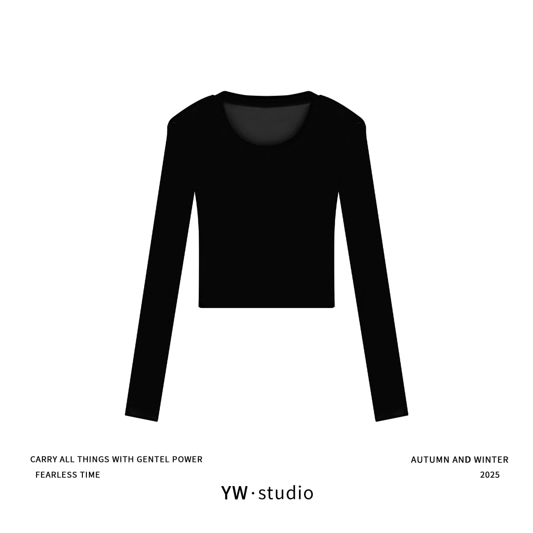 YUWEI/定制 琥珀流光风秋日穿搭大圆领丝绒弹力开叉长袖上衣 8513