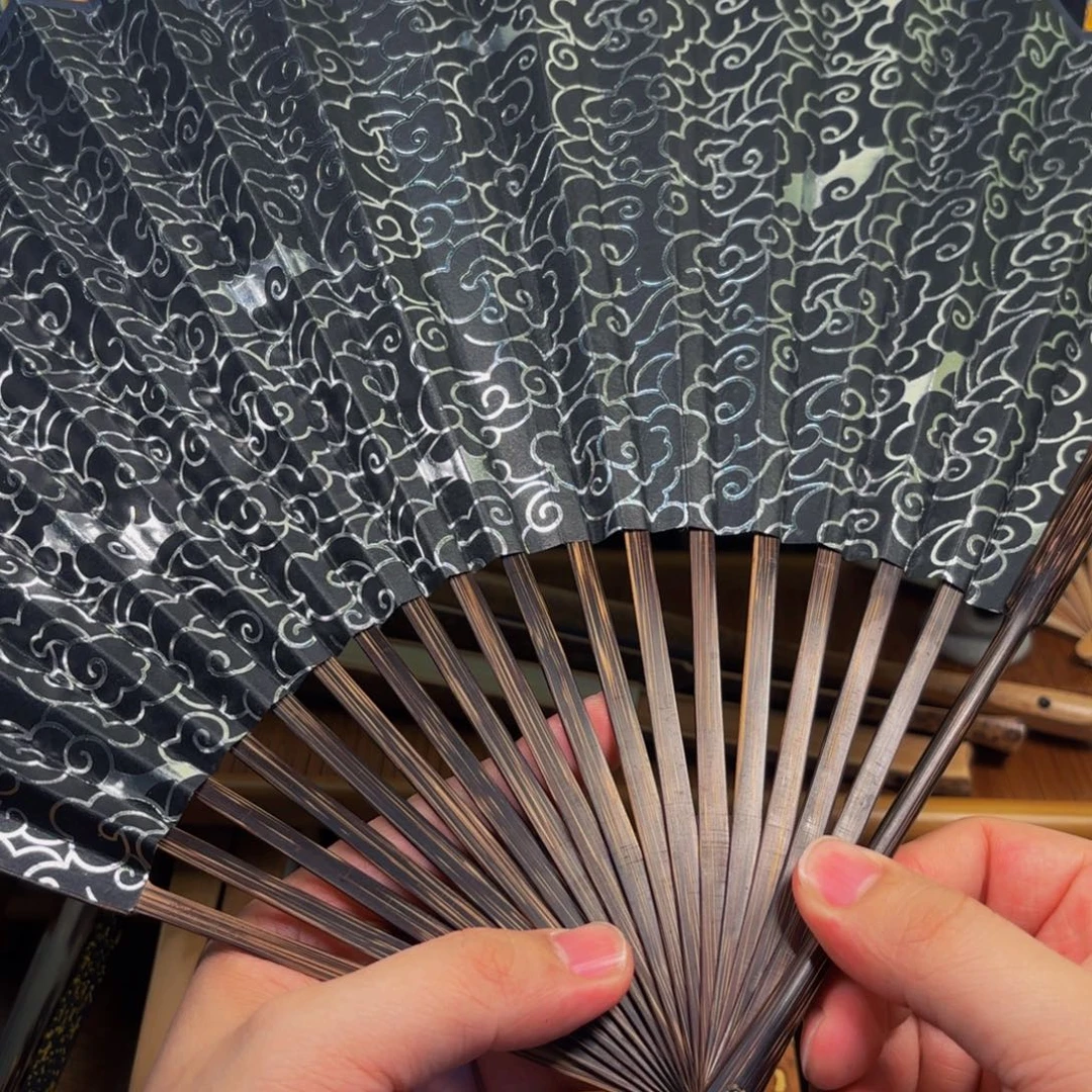 扇子全棕祥云银色