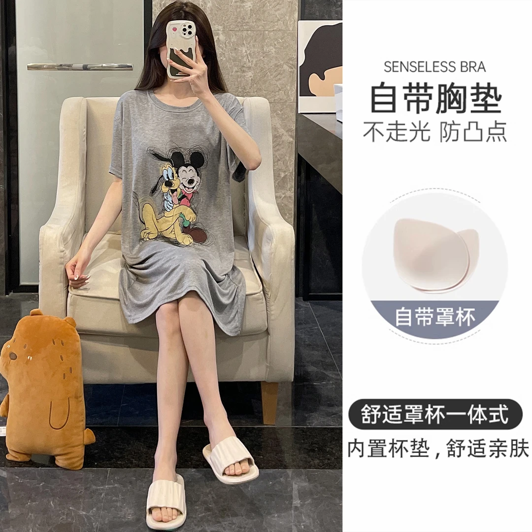 睡裙女夏季睡衣短袖网红风带胸垫2025新款宽松大码薄款卡通家居服