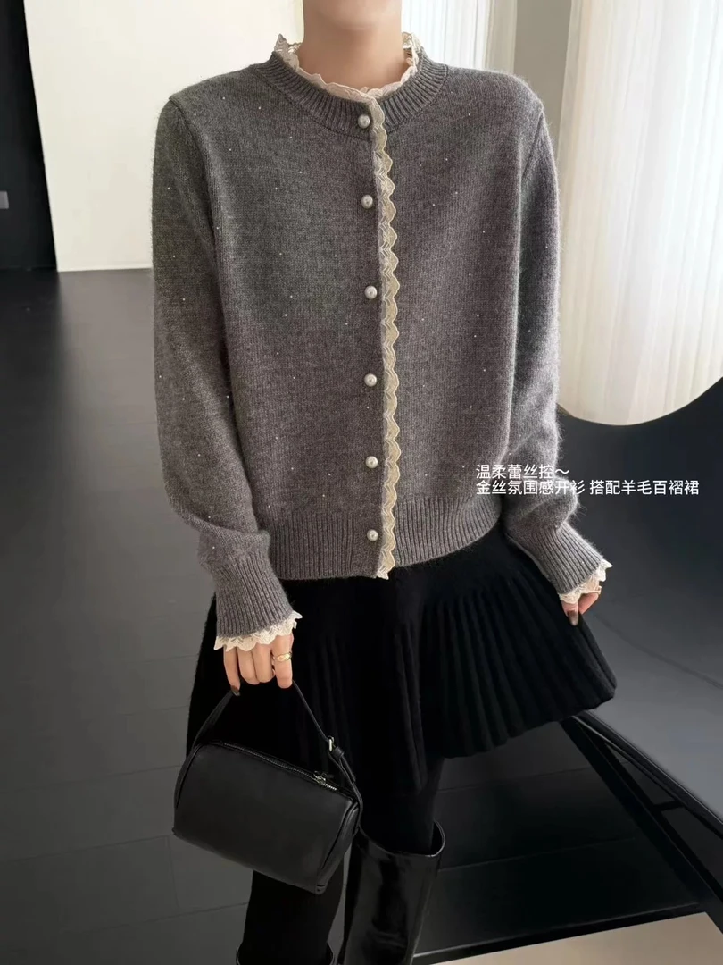 66108#蕾丝花边拼接打底针织开衫冬季毛衣细闪亮片