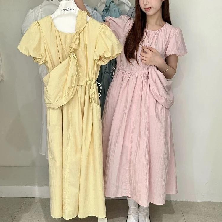 法式温柔甜美泡泡袖连衣裙新款抽绳收腰减龄洋气衣服女高级裙子
