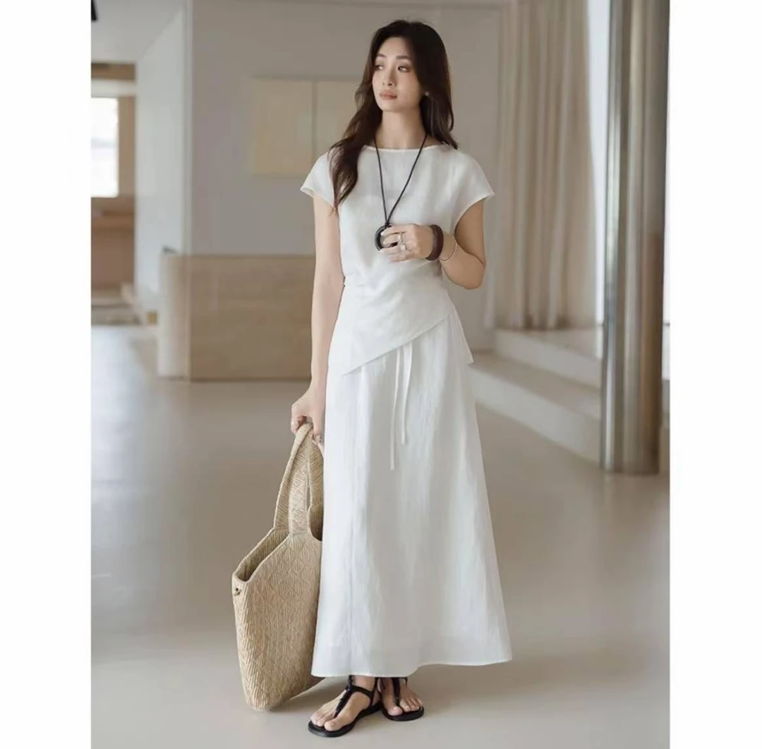 白色亚麻套装裙女夏季2025新款小众高级感斜边时尚裙子无袖两件套
