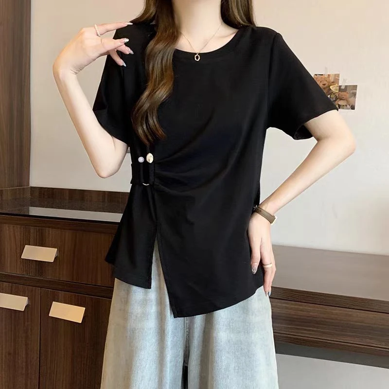 胖MM栖迟 D25025高级感正肩短袖T恤夏季短款修身收腰显瘦V领上衣