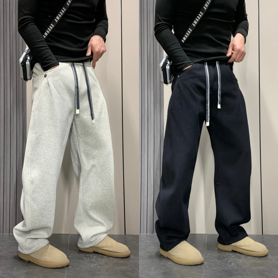 痞帅冬季新款加绒宽松弯刀休闲裤男灰色松紧腰抽绳长裤百搭阔腿裤