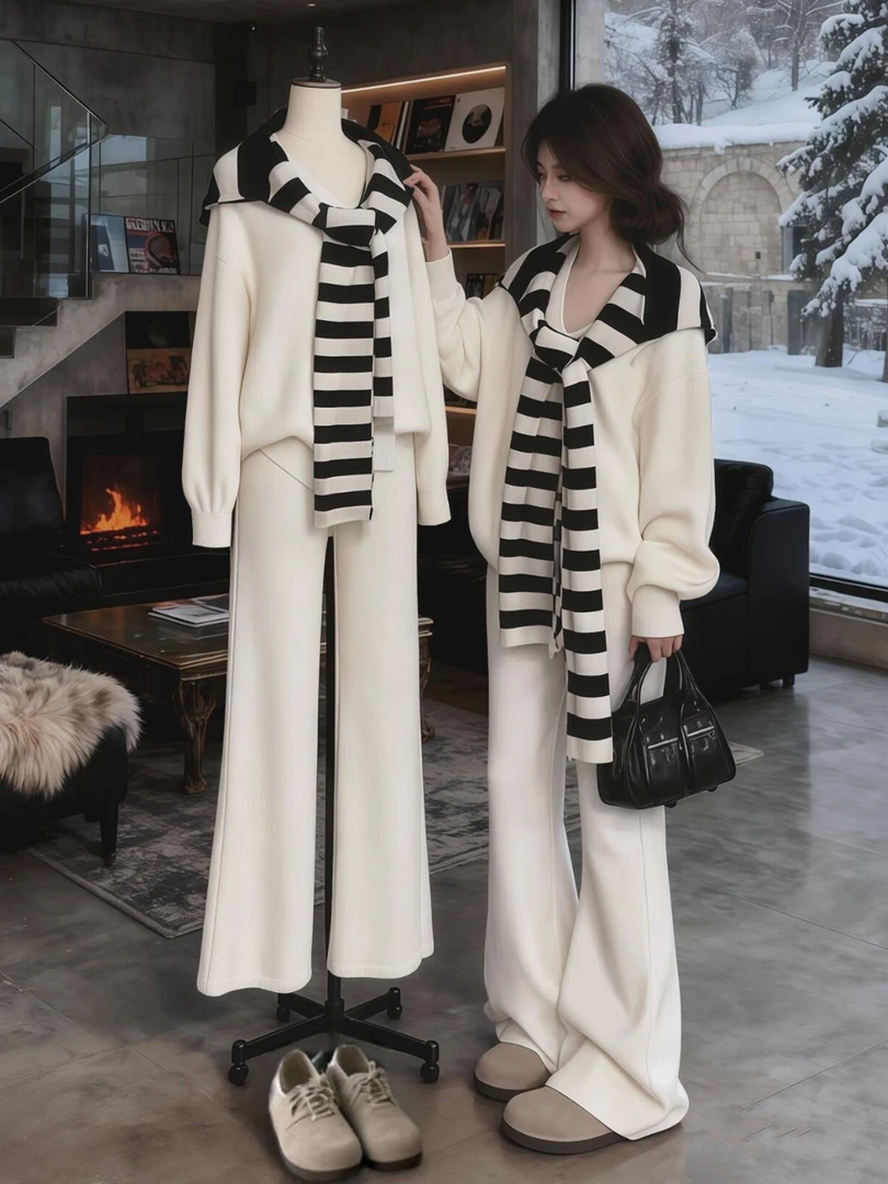 秋装一整套ootd穿搭韩系条纹披肩毛衣微喇休闲长裤休闲宽松两件套