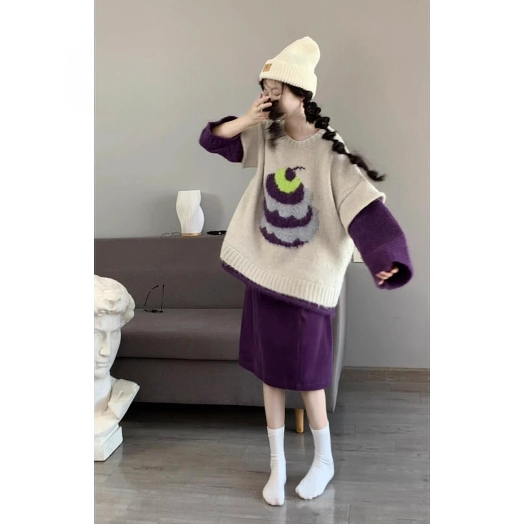 巨好看的早秋独特超好看韩系小众慵懒风撞色拼接毛衣半身裙套装女