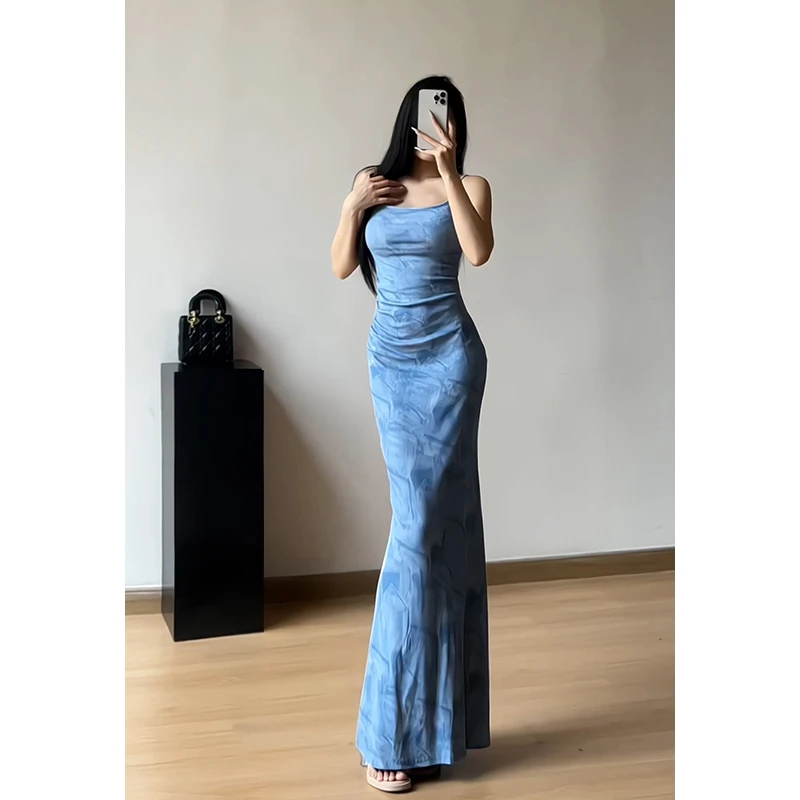 法式印花吊带连衣裙女2025夏季纯欲鱼尾裙复古修身显瘦包臀长裙