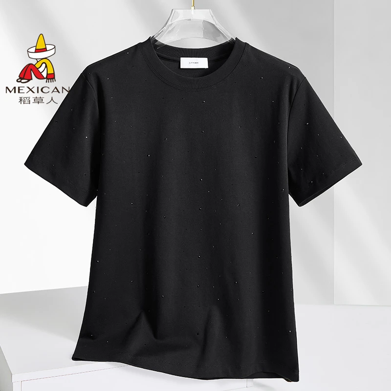 稻草人新款凉感丝光棉T恤短袖宽松冰丝潮牌烫钻上衣透气圆领t恤