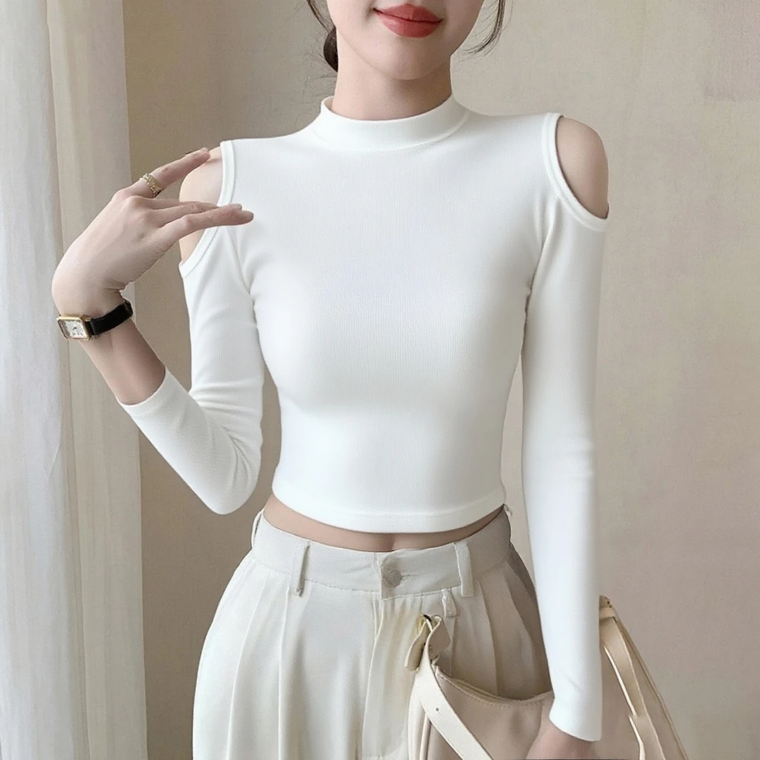 白色短款露肩长袖t恤女2025新款爆款秋冬内搭纯色百搭时尚上衣ins