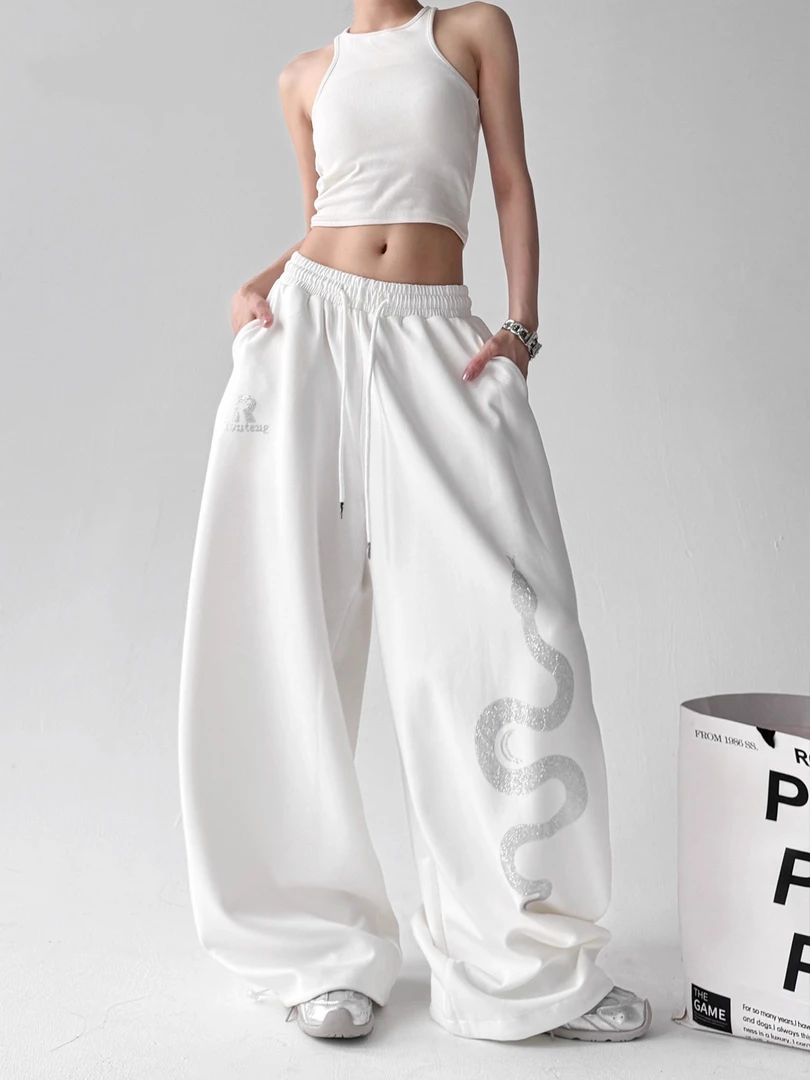设计感美式复古烫钻蛇纹印花休闲裤女2025春秋新款街头宽松运动裤