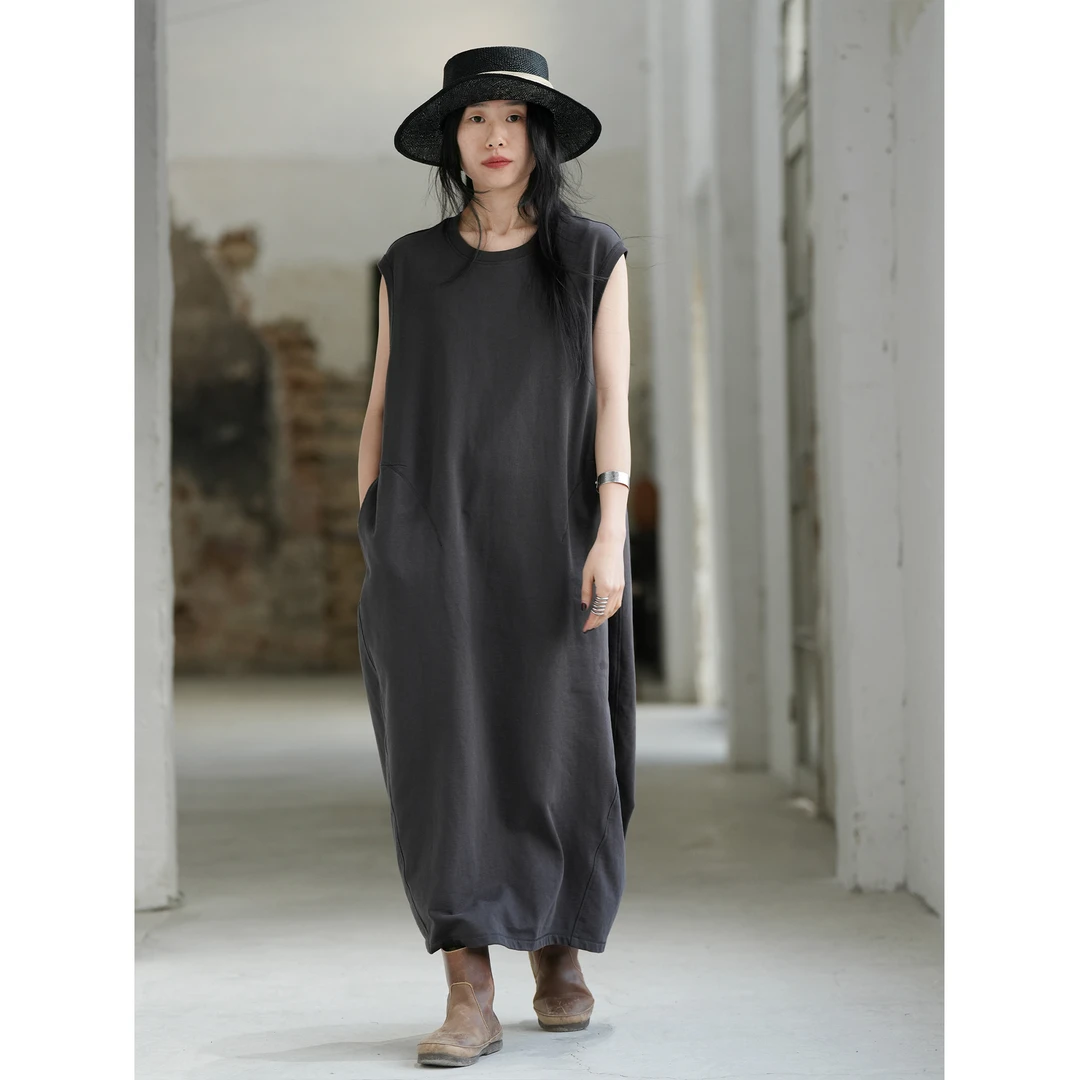 几见 原创设计春夏百分棉茶染无袖连衣裙圆领背心裙复古风W51331