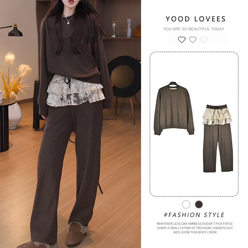 2025春秋季新款圆领长袖卫衣上衣女撞色拼接蕾丝花边直筒裤两件套