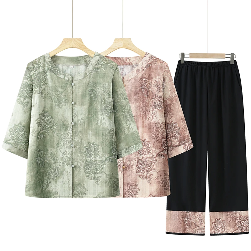 中老年女装夏季薄款套装大码妈妈装休闲宽松老人上衣奶奶装两件套