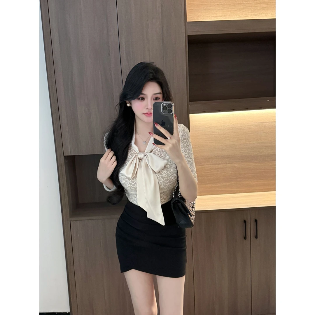 迈沃格夏季蝴蝶结蕾丝上衣掐腰设计显瘦甜美半袖法式小香风上衣