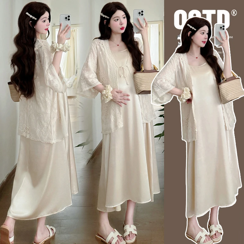 【安安】孕妇装夏季刺绣开衫+吊带裙子洋气减龄缎面孕妇连衣裙夏装