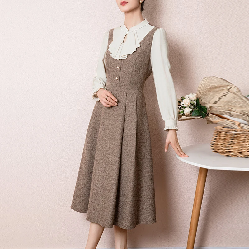 28610 通勤女装气质A字拼接假两件中长款袖打底立领咖色连衣裙子